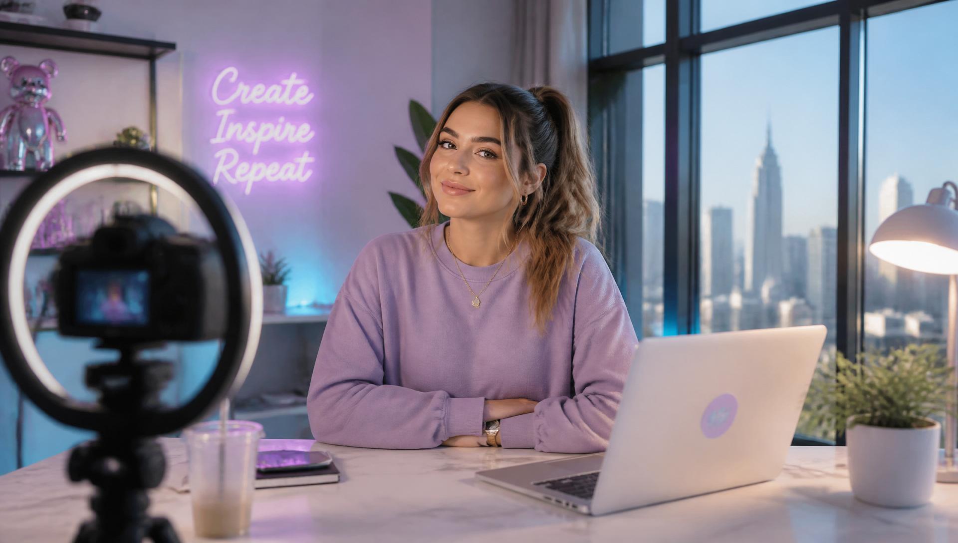Creator working in a modern studio with city skyline